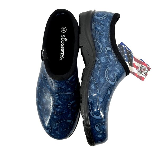 Sloggers Womens Waterproof Blue Horseshoe Print Garden Clogs 10 Made In USA - Picture 8 of 10
